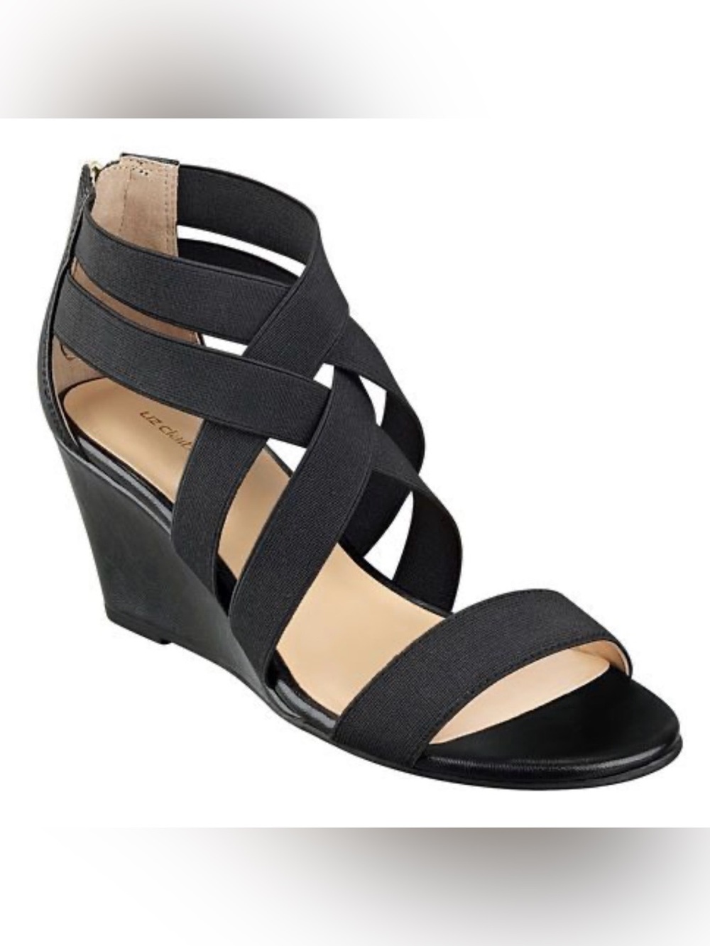 LIZ CLAIBORNE ROCKELE Stretch Wedge Heel Sandals Black Zip Back Size 7.5
